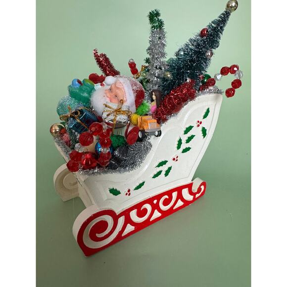 Vintage-Style Handmade Christmas Santa Sleigh Assemblage – Bottle Brush Tree - Picture 4 of 10